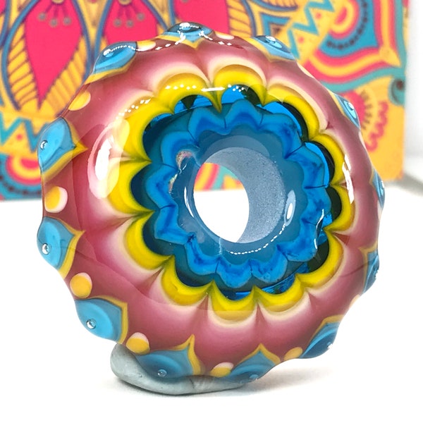 Large Mandala Style Glass Bead/Spicy Yellow, Turquoise and Cranberry Pink handmade Glass Pendant