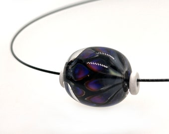 Handmade Glass Bead Necklace/Screw Clasp Choker / Black and Purple Handmade Lampwork Glass Beaded Necklace