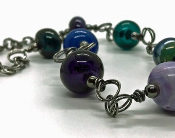 Handmade Hollow Glass Beaded Necklace: Oxidized Sterling Silver Wire