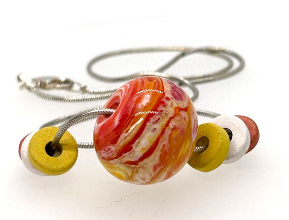 Green and Brown Swirled Lampwork and Wood Bead Necklace Sterling Silver Adjustable - Made in the USA Green and Brown Swirled Lampwork and Wood Bead Necklace Sterling Silver Adjustable - Made in the USA