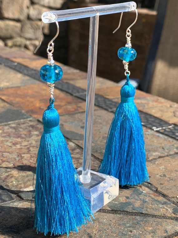 Glow in the Dark Earrings Blue Handmade Lampwork Glass Dangles Glow in the Dark Earrings Blue Handmade Lampwork Glass Dangles