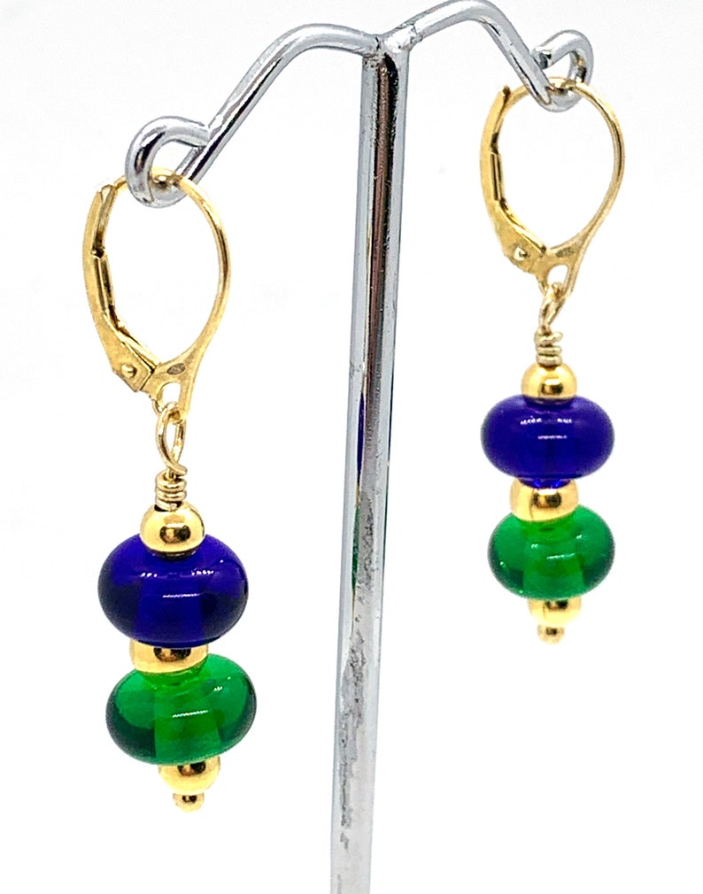 Handmade Royal Blue and Green Glass Beaded Earrings with Gold Vermeil Findings/Lampwork Glass Beaded Earrings image 1