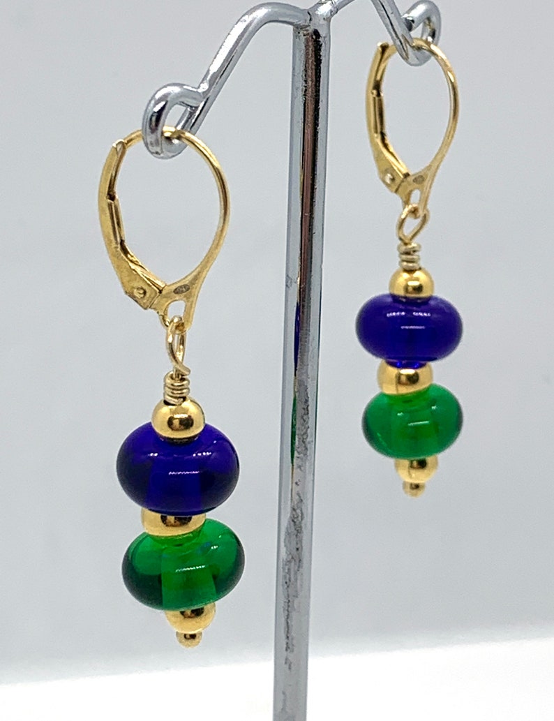 Handmade Royal Blue and Green Glass Beaded Earrings with Gold Vermeil Findings/Lampwork Glass Beaded Earrings image 4