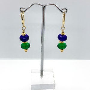 Handmade Royal Blue and Green Glass Beaded Earrings with Gold Vermeil Findings/Lampwork Glass Beaded Earrings image 2