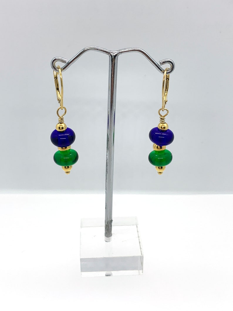 Handmade Royal Blue and Green Glass Beaded Earrings with Gold Vermeil Findings/Lampwork Glass Beaded Earrings image 2