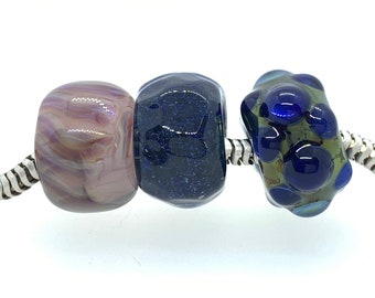 Handmade Glass Beads/Set of 3 Big Hole Charm Beads/Misc. Blue and Purple Orphan BHB's/European Style Charm Beads