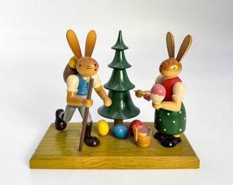 Easter bunny couple with tree handmade Erzgebirge 90s by RuT Gahlenz