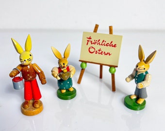 Easter bunny school figure set with board "Happy Easter" miniature handmade Erzgebirge 80s GDR company ESCO