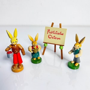 Easter bunny school figure set with board &quot;Happy Easter&quot; miniature handmade Erzgebirge 80s GDR company ESCO