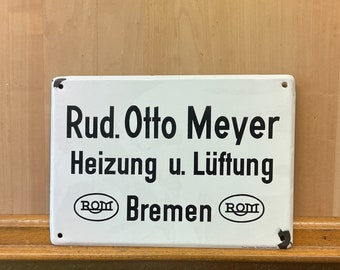 Information sign black and white enamel sign heating and ventilation ROM Bremen Otto Meyer