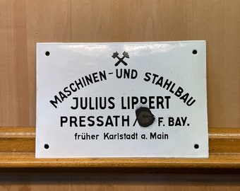 Information sign black and white enamel sign machines and steel construction Julius Lippert Karlstadt a. Main