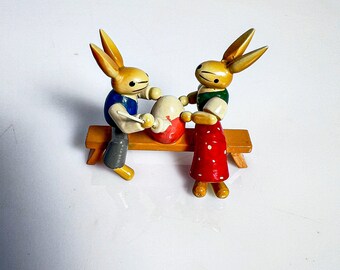 Easter bunny figure with bench miniature handmade Erzgebirge 80s GDR company ESCO
