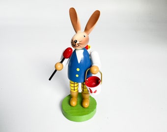 Easter bunny with brush and paint bucket and egg basket hand-painted wood handmade Erzgebirge 80s GDR