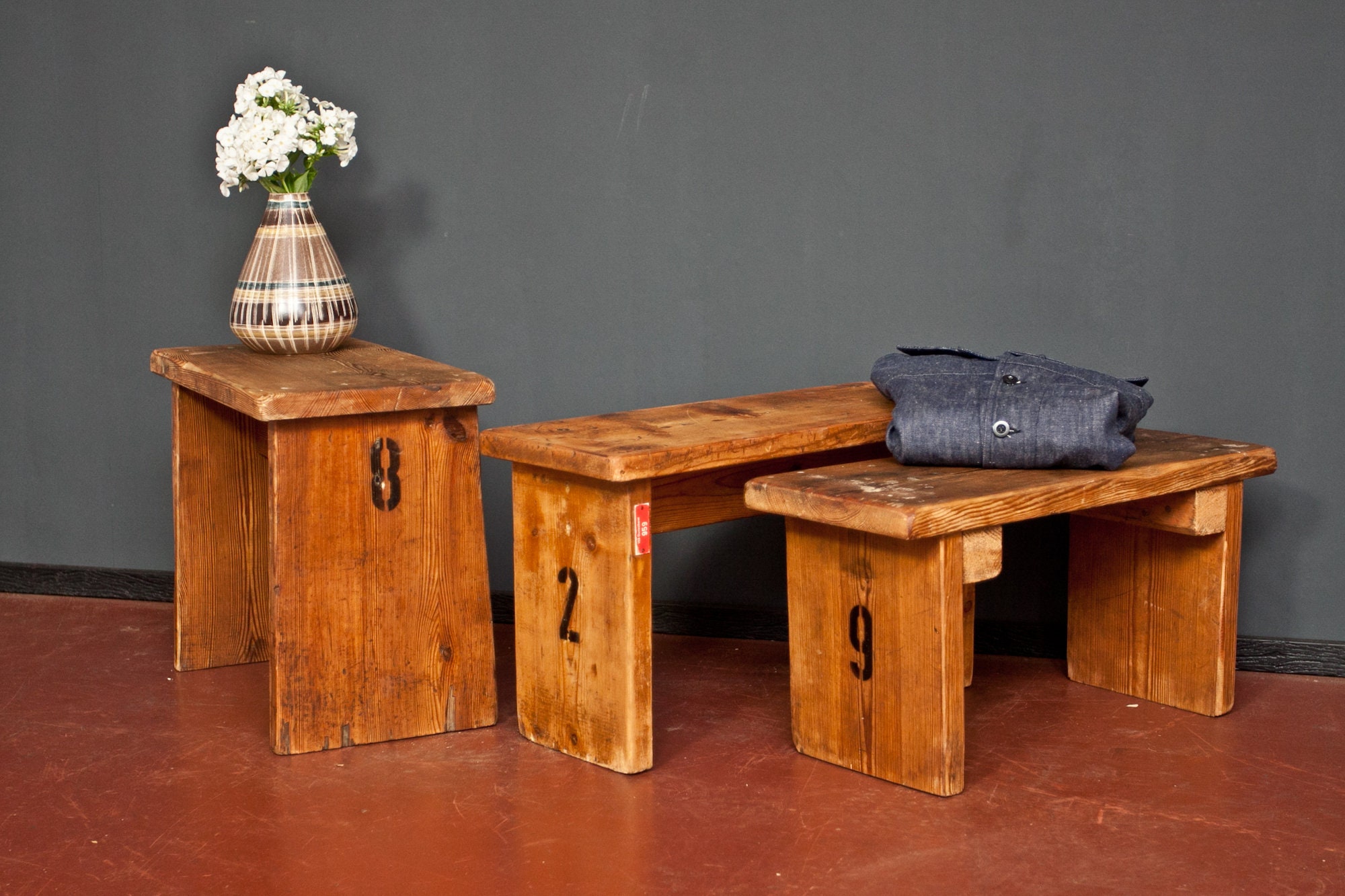 3 X Wooden Bench Stool Foot Bench Shelf Industrial Wood Set 3
