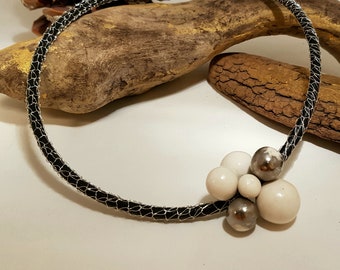Leather necklace, neck collar, porcelain and silver beads