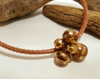 Leather necklace, neck collar, porcelain and gold beads