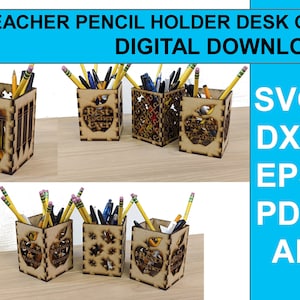 Caneta / porta-lápis mesa arrumada presente do professor pacote de download digital de corte a laser. arquivo de corte de modelo vetorial DXF SVG Ai EPS Glowforge pdf.