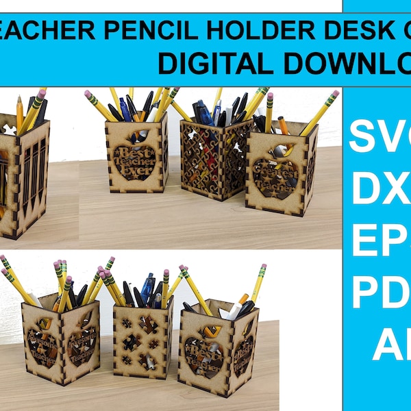 Pen / Pencil Holder Desk Tidy Teacher Gift Laser Cutting Digital Download Bundle. vector template cut file DXF SVG Ai EPS Glowforge pdf.