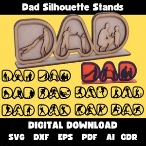 Vatertag Laser Cut Digitale Datei. Mehrschichtiger Dad Silhouette Stand mit Sport und Szenen. Vektorvorlage geschnitten DXF SVG Ai EPS Glowforge pdf