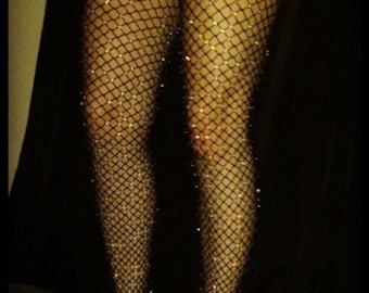 Black Crystal AB Fishnet Pantyhose Tights - Halloween Christmas - Gift for her - Available In Plus Sizes