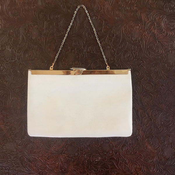 Vintage Genuine Leather Etra Clutch Chain Handle Bag White and Gold Hinged Closure Faux Reptile As-Is Free Shipping!