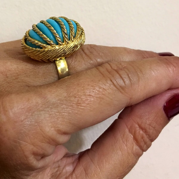 Rare, signed Pauline Rader gold/turquoise adjustable cocktailing ring , circa mid-60s, free shipping !!