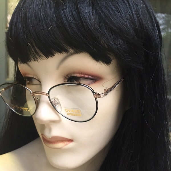 Vintage 1980s/90s  Clear Lens Black Gold Oval Frame Glasses, Free Shipping!