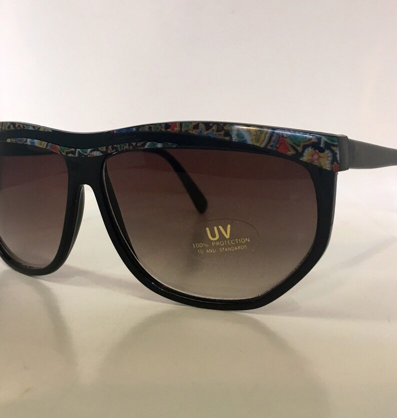 Vintage dead stock 80s90s era sunglasses free shipping!! black frame cloisonn\u00e9 style accents