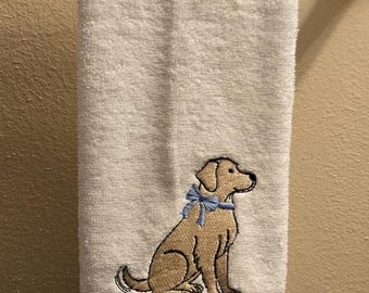 Machine Embroidered Labrador Retriever "Wash your paws" Hand Towel - Yellow, Chocolate, or Black Lab with Choice of Bow and Text Color -