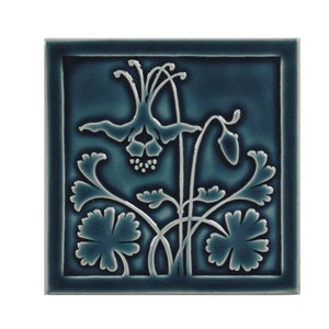 Craftsman Art Tile - Columbine art tile, in crazed blue glaze, floral tile, handmade tiles, floral decor