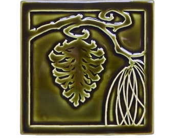 Arts and Crafts tile, Pine cone art tile -olive green