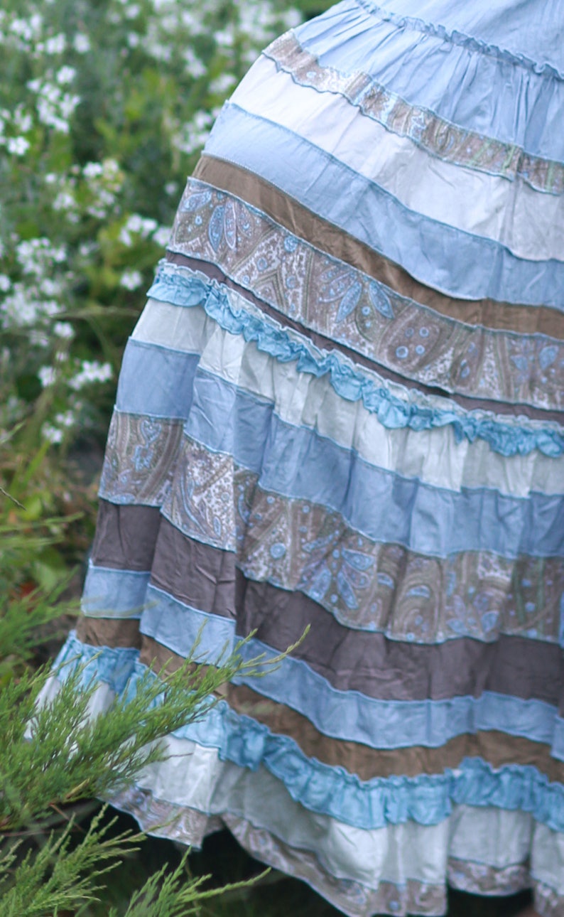 silk-cotton maxi skirt in Boho style . Light blue