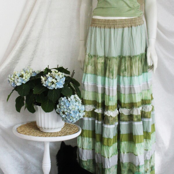 Freshness . Light green, silk maxi  summer skirt in boho style.