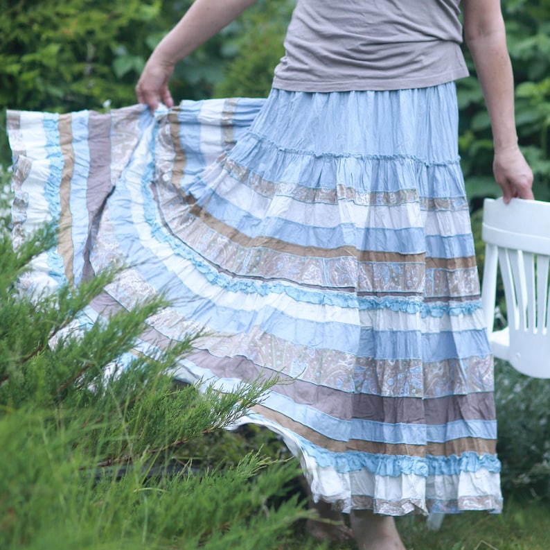 silk-cotton maxi skirt in Boho style . Light blue
