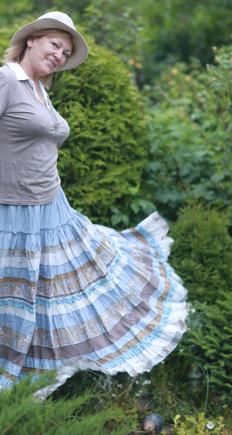silk-cotton maxi skirt in Boho style . Light blue