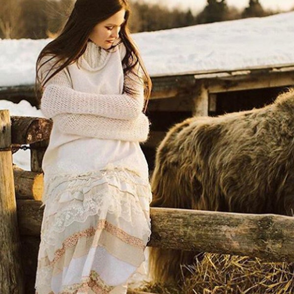 Maxi Skirt in White-Beige color from Silk and Cotton. Boho-Chic Style.