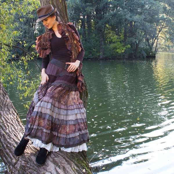 Picturesque brown tiered long skirt from silk and viscose. Boho chic style.
