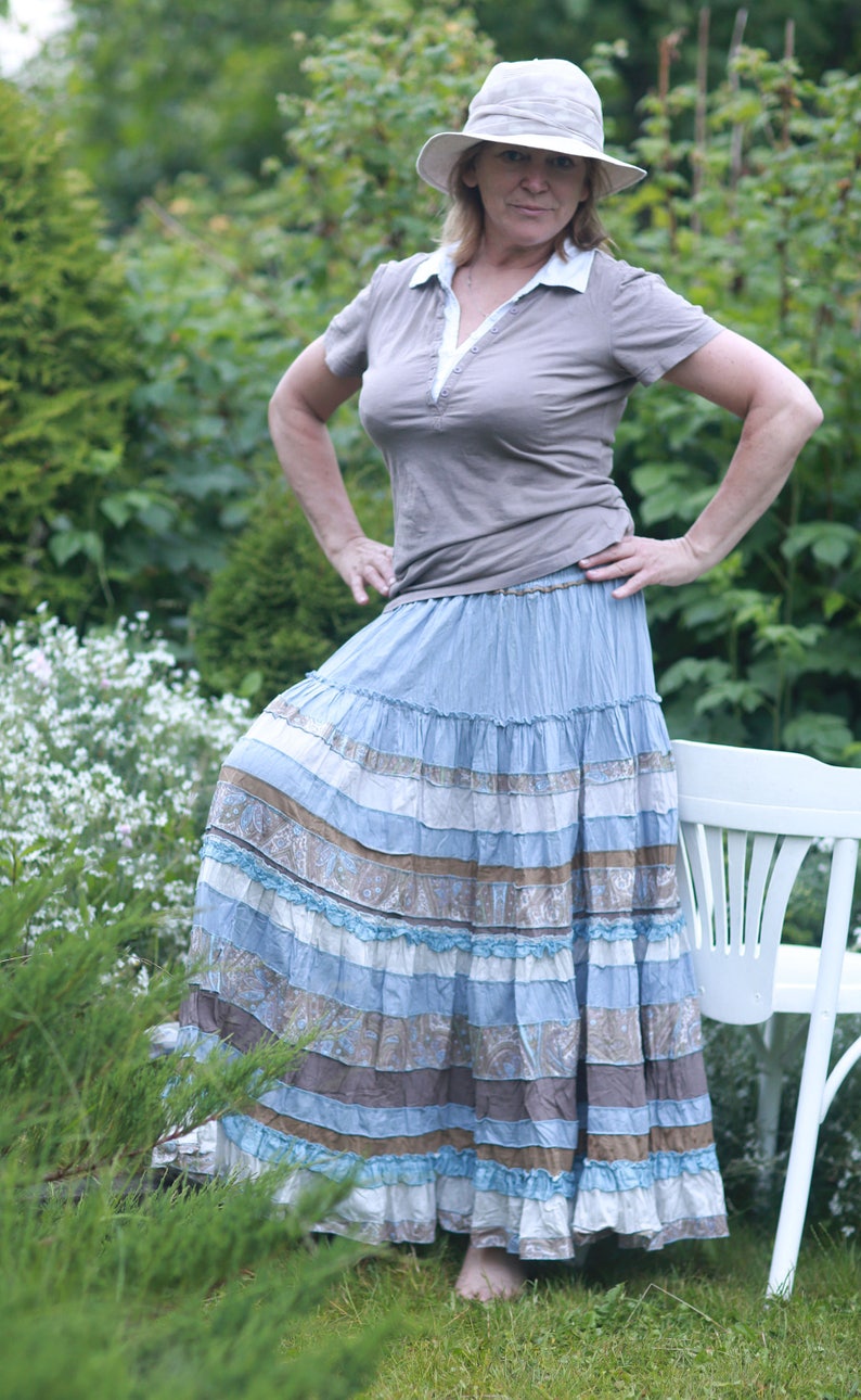 silk-cotton maxi skirt in Boho style . Light blue