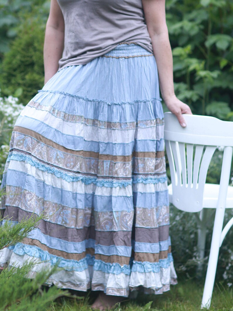 silk-cotton maxi skirt in Boho style . Light blue