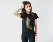 Black Feather t shirt - 100% cotton - For Her Black T shirt for Women - Feather Fashion - Golden Time Dark Night