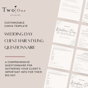 Puede incluir: Una plantilla de Canva personalizable para un cuestionario de peinado para el día de la boda para clientes. La plantilla presenta un diseño floral y el texto "Wedding Day Hair Styling Questionnaire".
