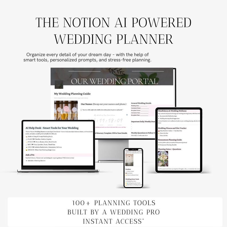 AI Wedding Planner Notion Template | Budget, Timeline, Guest List (Digital Download) image 1