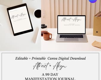Diario di manifestazione Canva modificabile e stampabile / Guida di 99 giorni / Legge di attrazione / Affermazioni quotidiane, gratitudine e visualizzazione