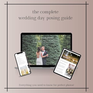Op de afbeelding: Een digitale gids voor het poseren voor trouwfotografie, met drie geopende pagina's op een laptopscherm en twee mobiele apparaten. Het laptopscherm toont een stel dat poseert voor een trouwfoto. De mobiele apparaten tonen tips voor fotografen en detailopnamen.