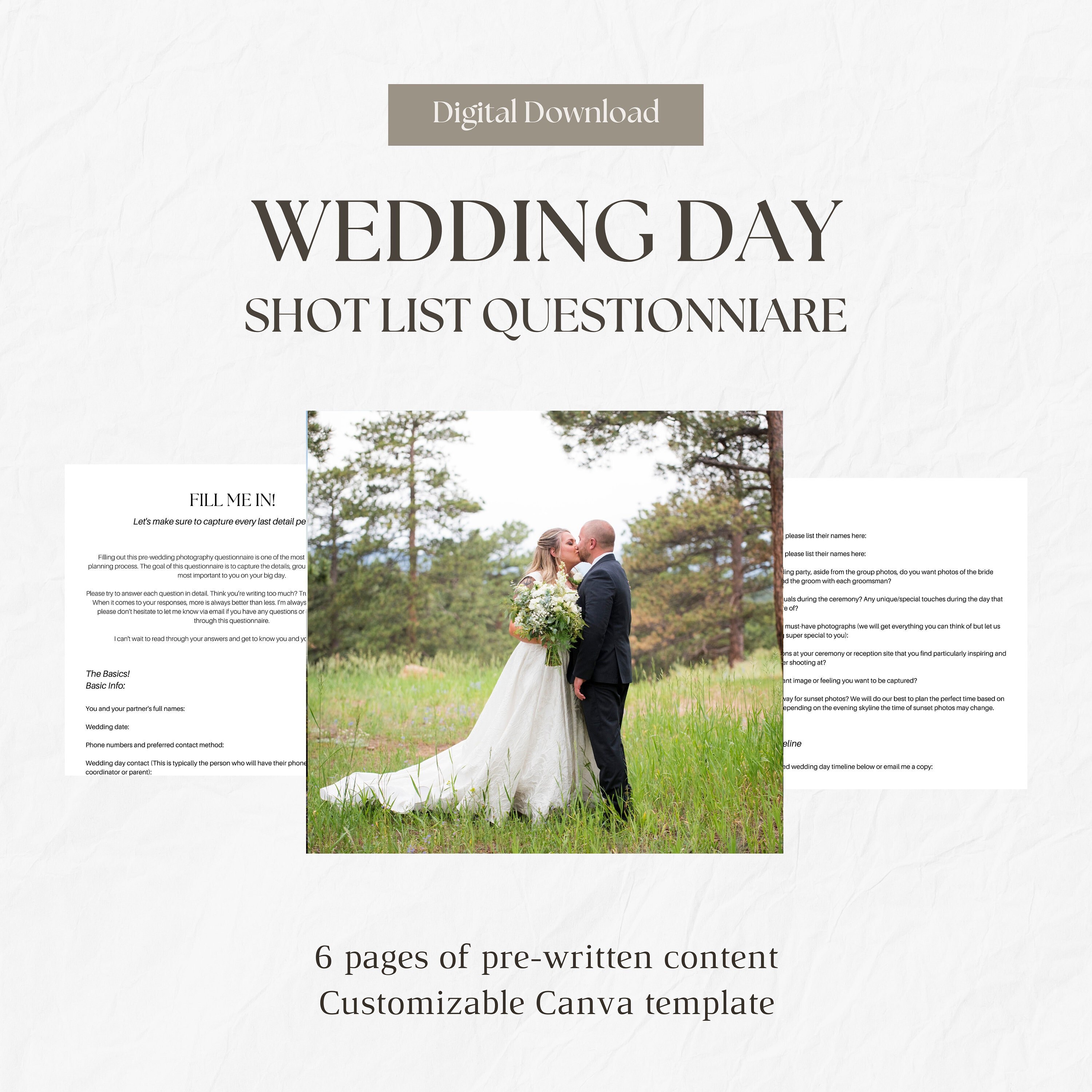Photo Shot List Questionnaire for the Bride and Groom, Canva Editable,Wedding Photography Client Questionnaire Form,Wedding Client Checklist