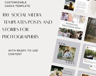 Peut inclure: Un collage d'images présentant des modèles de médias sociaux pour les photographes. Les modèles présentent de la photographie de mariage, des photos de coucher de soleil et des commentaires de clients. Le texte "100 modèles de publications et d'histoires de médias sociaux pour les photographes" est affiché en gros caractères en haut de l'image.