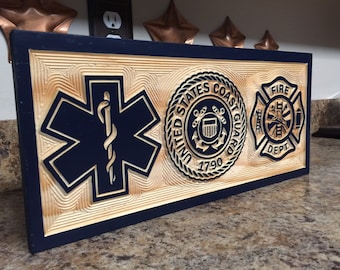 Firefighters Coastguard EMS logo Man Cave Decor, Sign, Gift for Couple, Wood Plaque