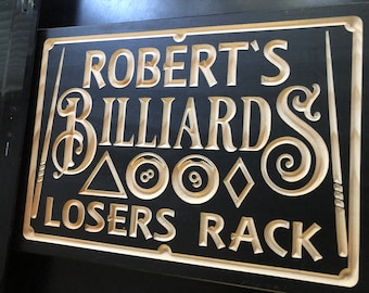 Personalized Billiards Room Sign Pool Hall Gift Basement Decor Bar Room Sign Gift for Him Billiards Table Custom Carved Wood Plaque Man Cave