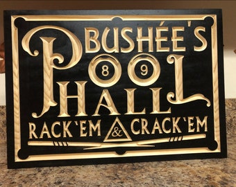 Personalized Billiards Room Sign Pool Hall Gift Basement Decor Bar Room Sign Gift for Him Billiards Table Custom Carved Wood Plaque Man Cave