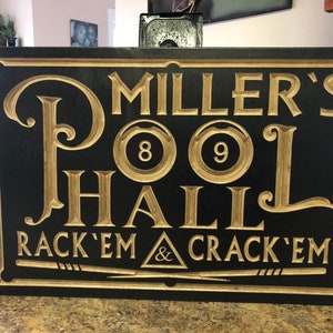 Personalized Billiards Room Pool Hall Gift Custom Carved Wood Plaque Man Cave